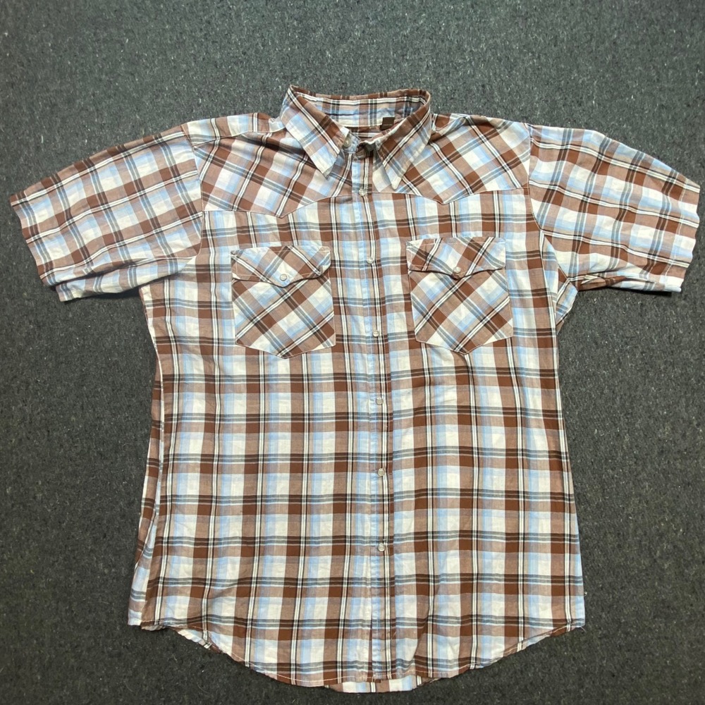 Bit & Bridle Western Cowboy Mens XL Brown Blue Plaid‎ Pearl Snap Short Slv Shirt